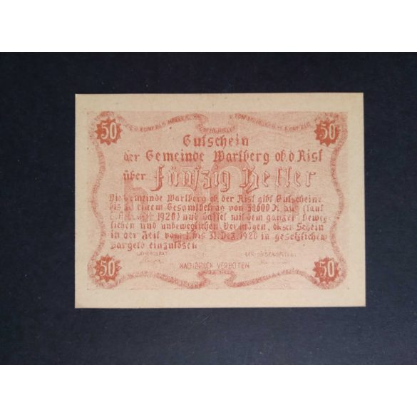 Austria 50 Heller 1920 Unc Wartberg