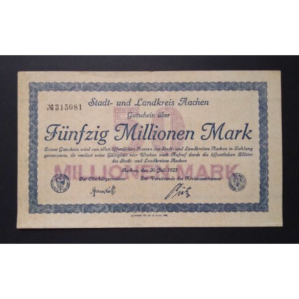 Germany 50 Million Mark Aachen 1923 VF