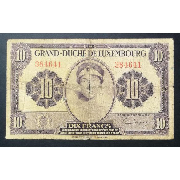 Luxembourg 10 Francs 1944 VG