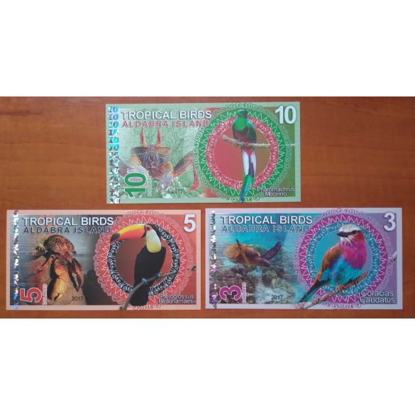 Aldabra-sziget trópusi madarak 3, 5, 10 Dollar UNC