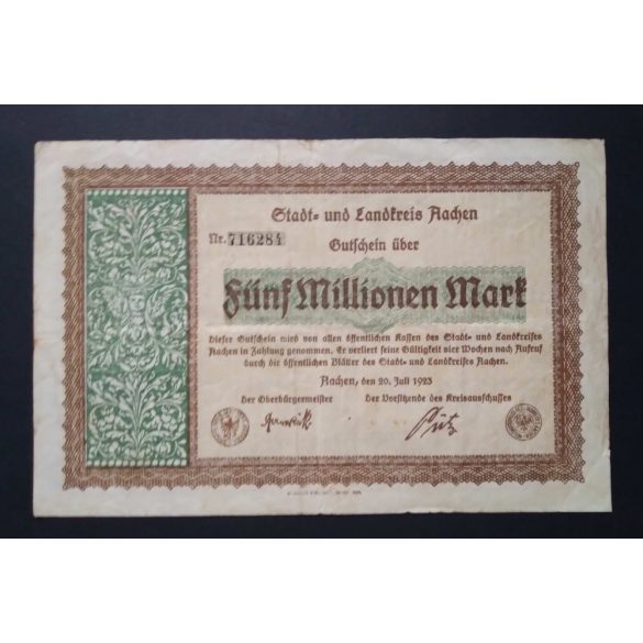 Germany 5 Million Mark Aachen 1923 F+ 