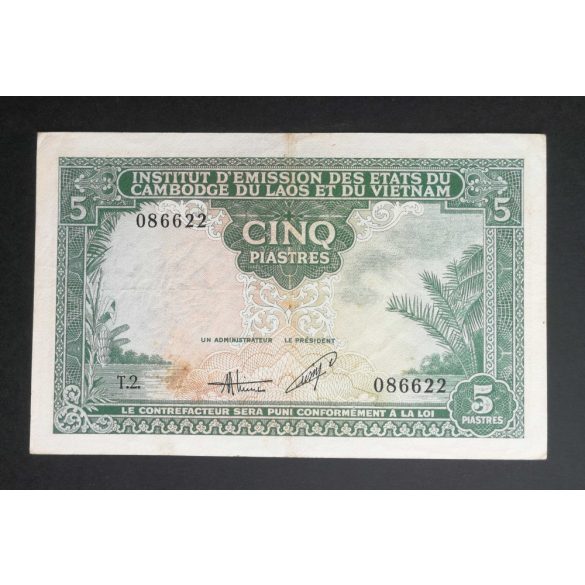 Francia Indokína 5 Piastres 1953 VF 