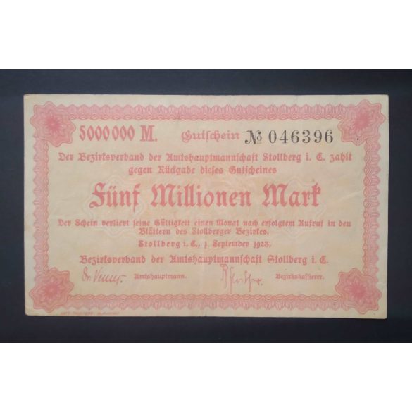 Németország Stollberg 5 Millió Mark 1923 VF-