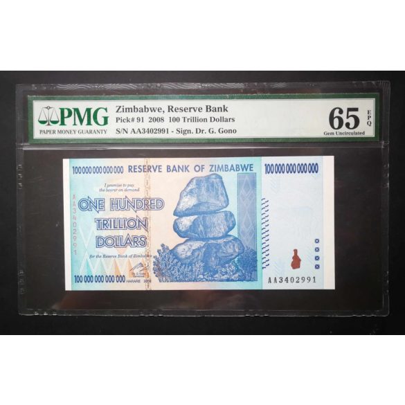 Zimbabwe 100 billió Dollars 2008 UNC PMG 65 minősített bankjegy