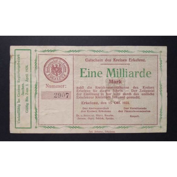 Germany 1 Billion Mark 1923 F Erkelenz