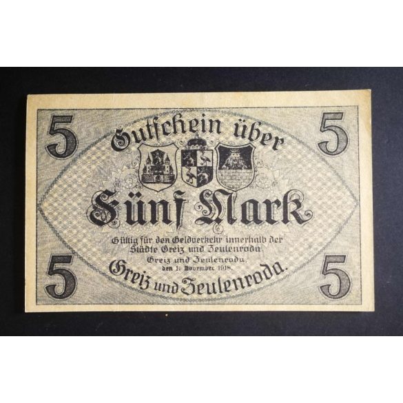 Germany 5 Mark Greiz und Zeulenroda 1918 XF+