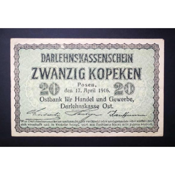 Németország - Lengyelország, Litvánia megszállás 20 Kopeken Posen 1916 VF+