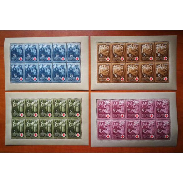 Magyarország 1942 Vöröskereszt I. kisívsor ** postatiszta, 20 f, 8 f apró barna folt K 