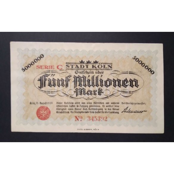 Germany 5 Million Mark Köln 1923 VF 