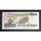 Brazil 100 Cruzeiros overprint on 100000 Cruzeiros 1993 UNC 