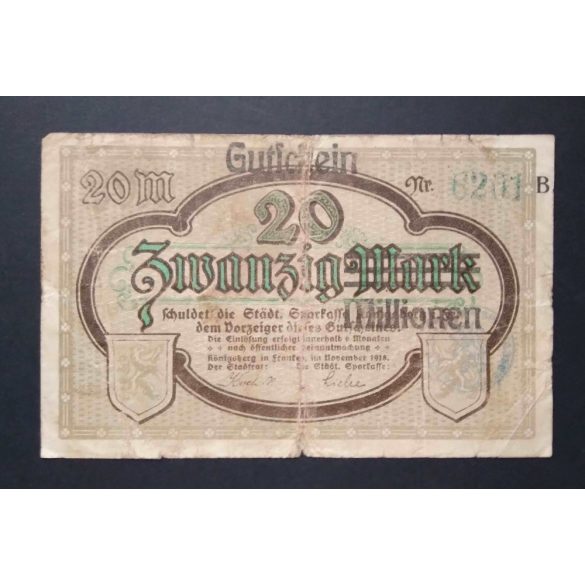 Germany 20 Million Mark overstamp on 20 Mark 1918/23 F Königsberg