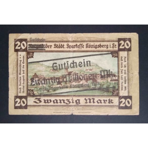 Germany 20 Million Mark overstamp on 20 Mark 1918/23 F Königsberg