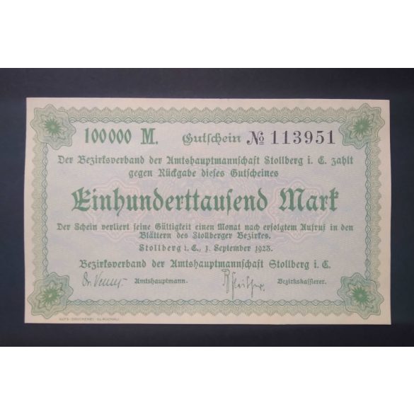 Németország  Stollberg 100000 Mark 1923 Unc-