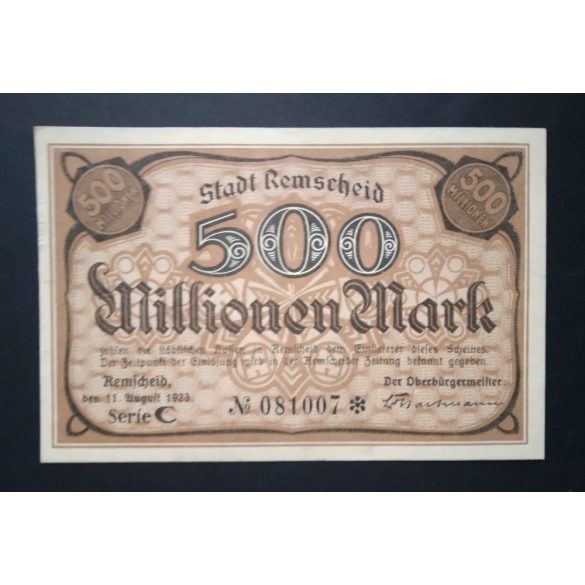 Germany 500 Million Mark Remscheid 1923 Aunc 