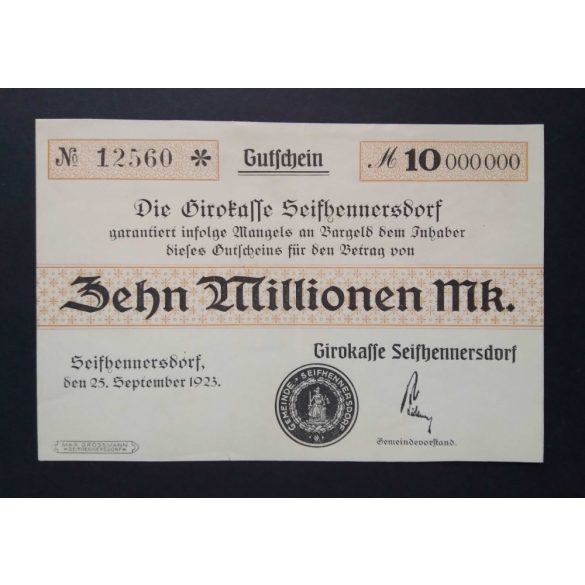 Németország 10 Millió Mark Seifhennersdorf 1923 XF 