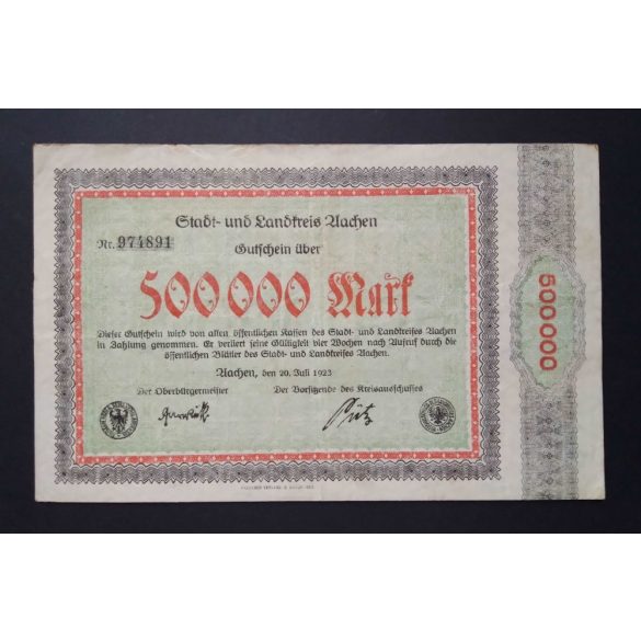 Germany 500000 Mark Aachen 1923 VF- 