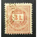 Hungary 1888 Letter, red cipher 3 FT. perf 11 1/2 (BUDAP)EST KÖZPONT(I TÁVIRDA...) used