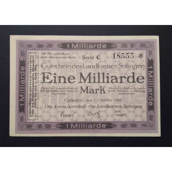 Germany Opladen Landkreises Solingen 1 Billion Mark 1923 aUNC