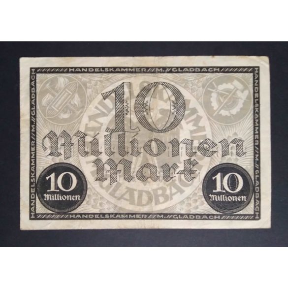 Németország 10 Millió Mark Mönchengladbach 1923 VF szárazbélyegzővel