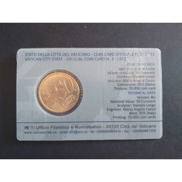Vatikán 50 Euro Cent 2012 Benedek UNC kártyán