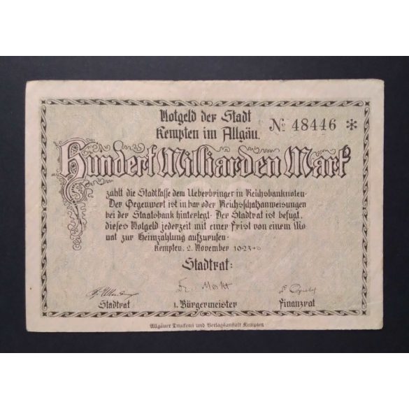 Germany 100 billion Mark Kempten 1923 VF+