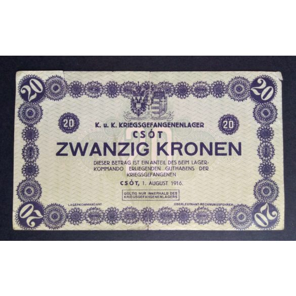 Hungary 20 Korona 1916 F Csót Prisoner of War Camp