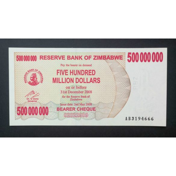 Zimbabwe 500 Million Dollars 2008 UNC