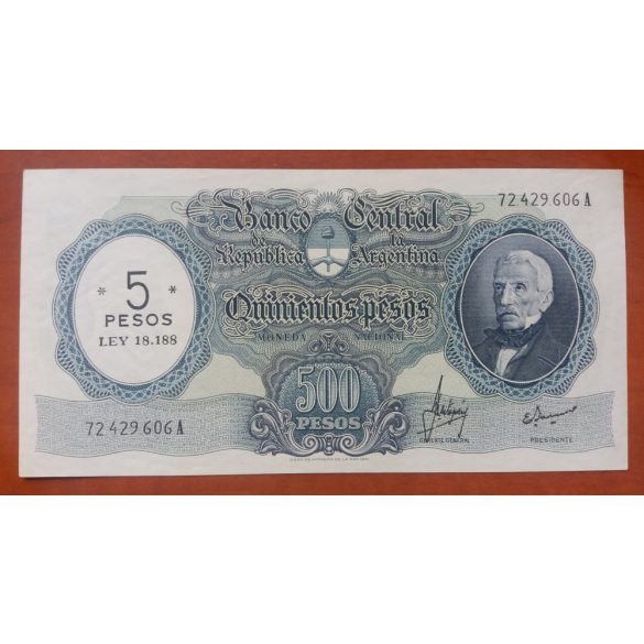 Argentína 5 Pesos felülbélyegzés 500 Pesos bankjegyen 1969 aUNC