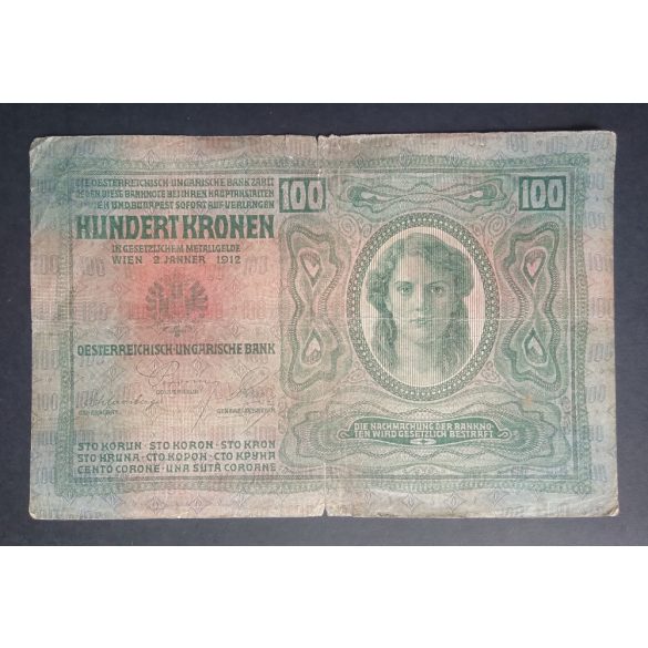 Ausztria - Magyarország 100 Korona 1912 VG+ Magyarország felülbélyegzéssel 