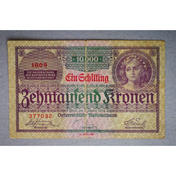 Ausztria 10000 Korona 1924 Ein Schilling felülnyomással F