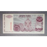 Bosnia and Herzegovina 5000 Dinara 1993 Unc