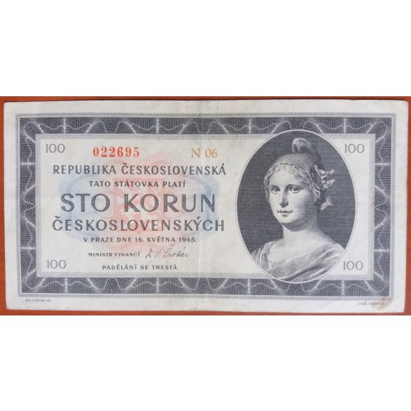 Csehszlovákia 100 Korun 1945 VF-