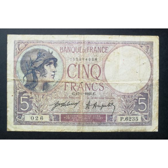 Franciaország 5 Francs 1921 VG+