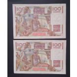 France 100 Francs 1954 XF consecutive