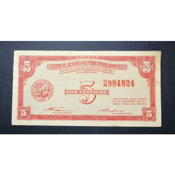 Fülöp-szigetek 5 Centavos 1949 VF 