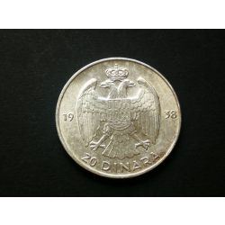 Jugoszlávia 20 Dinara 1938 9 g ezüst