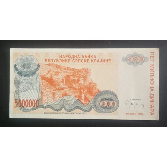 Krajinai Szerb Köztársaság 5 millió Dinara 1993 aUNC-