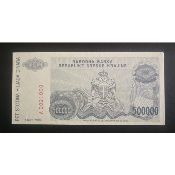 Krajinai Szerb Köztársaság 500000 Dinara 1994 XF+