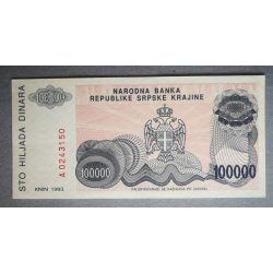 Krajinai Szerb Köztársaság 100000 Dinara 1993 Unc