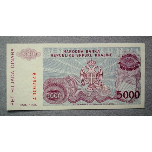 Krajinai Szerb Köztársaság 5000 Dinara 1993 Unc