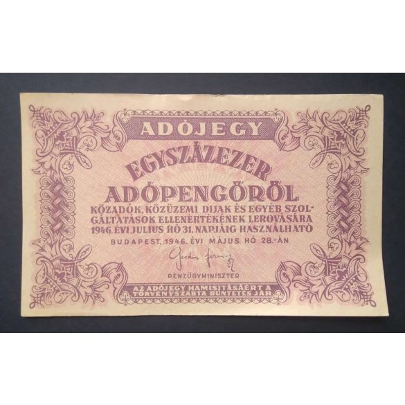 Magyarország Adójegy 100000 Adópengőről 1946 VF