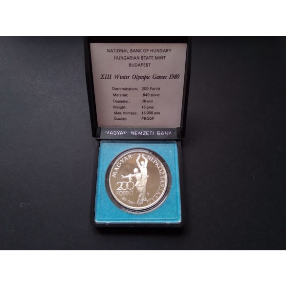 Hungary 200 HUF 1980 silver PP, Winter Olympics commemorative medal, in gift box