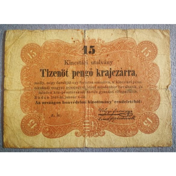 Magyarország Kossuth 15 Pengő Krajczárra 1849 VG-