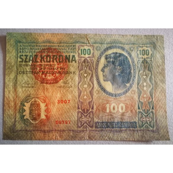 Ausztria - Magyarország 100 Korona 1912 VG+ Magyarország felülbélyegzéssel