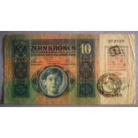 Austria - Hungary 10 Kronen 1915 F with Slovenia stamp SHS FINANCNA DEŽELNA