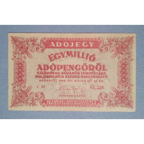 Hungary 1 million Taxpengo 1946 F