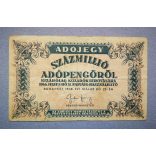 Hungary Tax Ticket on 100 Million Tax Pengo 1946 F