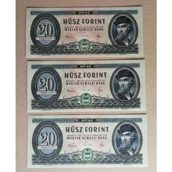 Magyarország 20 Forint 1965 Unc, 3 db. sorszám követő