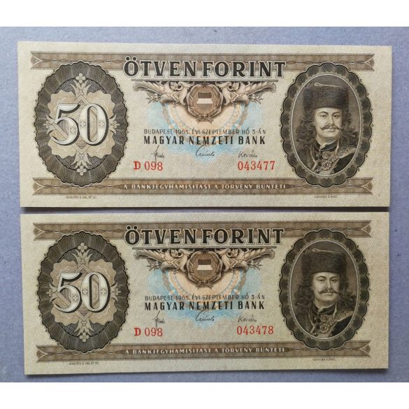 Hungary 50 HUF 1965 UNC, 2 serial numbers following