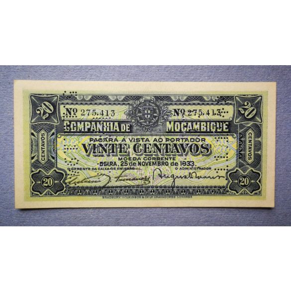 Mozambique 20 Centavos 1933 aUNC+ 1942 perforation